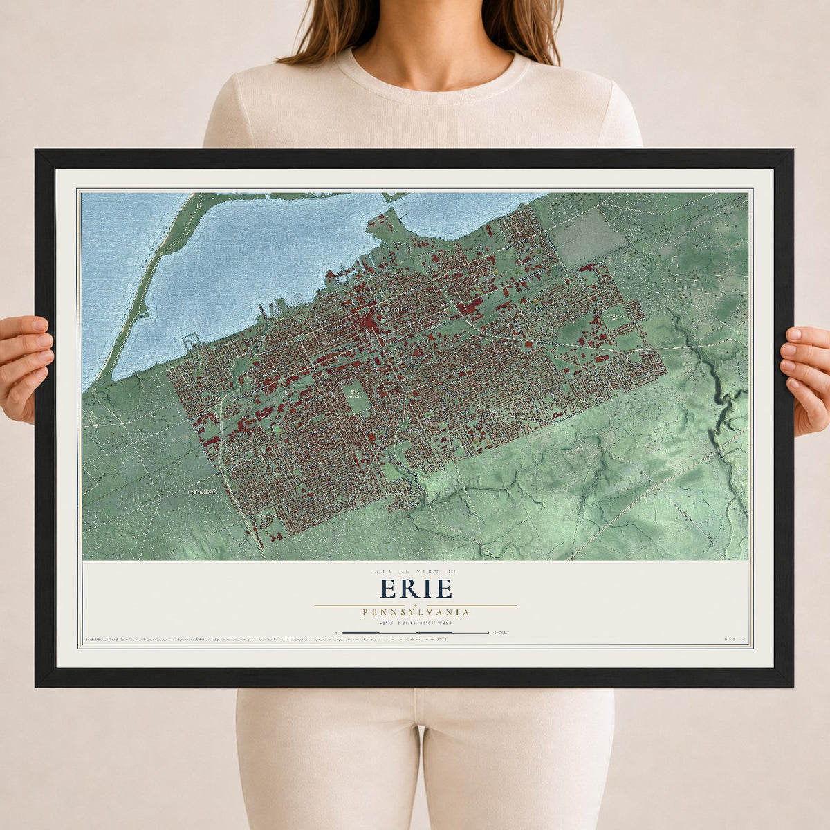 Map of Erie, Pennsylvania, 18 x 24 inch print in a black wood frame