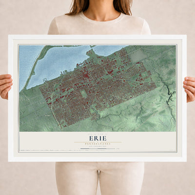 Map of Erie, Pennsylvania, 18 x 24 inch print in a white wood frame