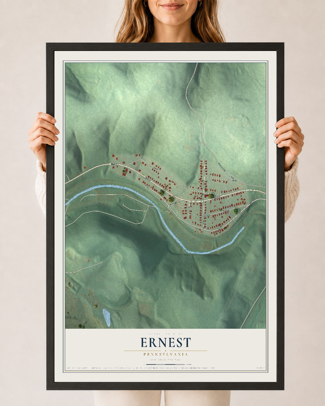 Map of Ernest, Pennsylvania, 24 x 36 inch print in a black wood frame