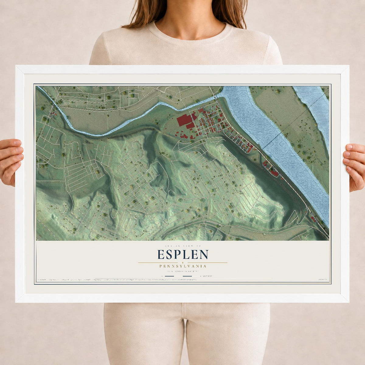 Map of Esplen, Pennsylvania, 18 x 24 inch print in a white wood frame