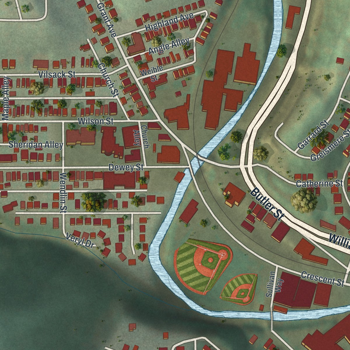 Second close-up of the map of Etna, Pennsylvania print showing more streets and buildings