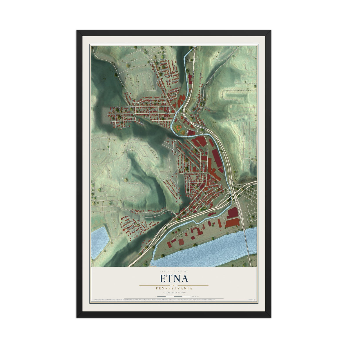 Map of Etna, Pennsylvania, 12 x 18 inch print in a black wood frame