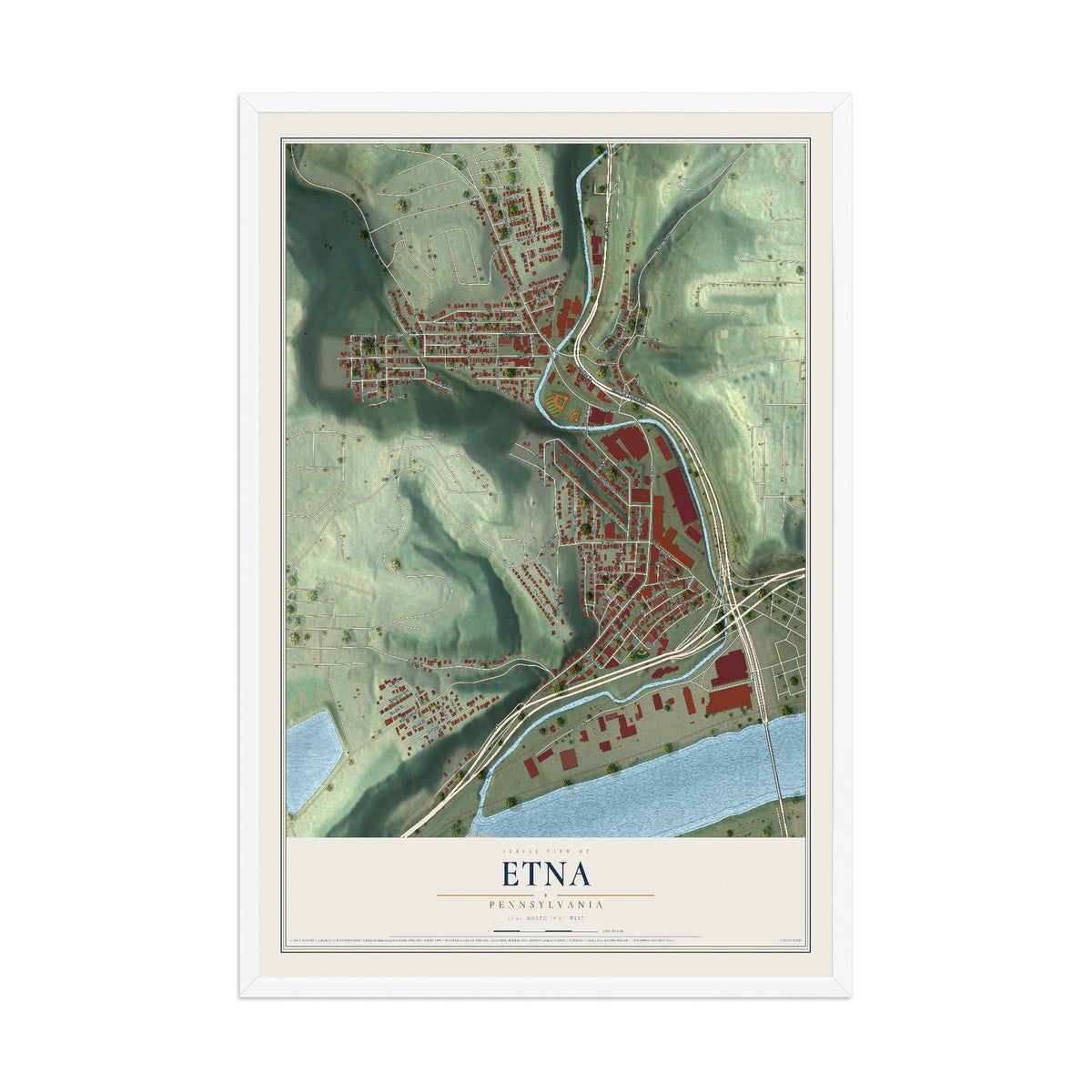 Map of Etna, Pennsylvania, 12 x 18 inch print in a white wood frame