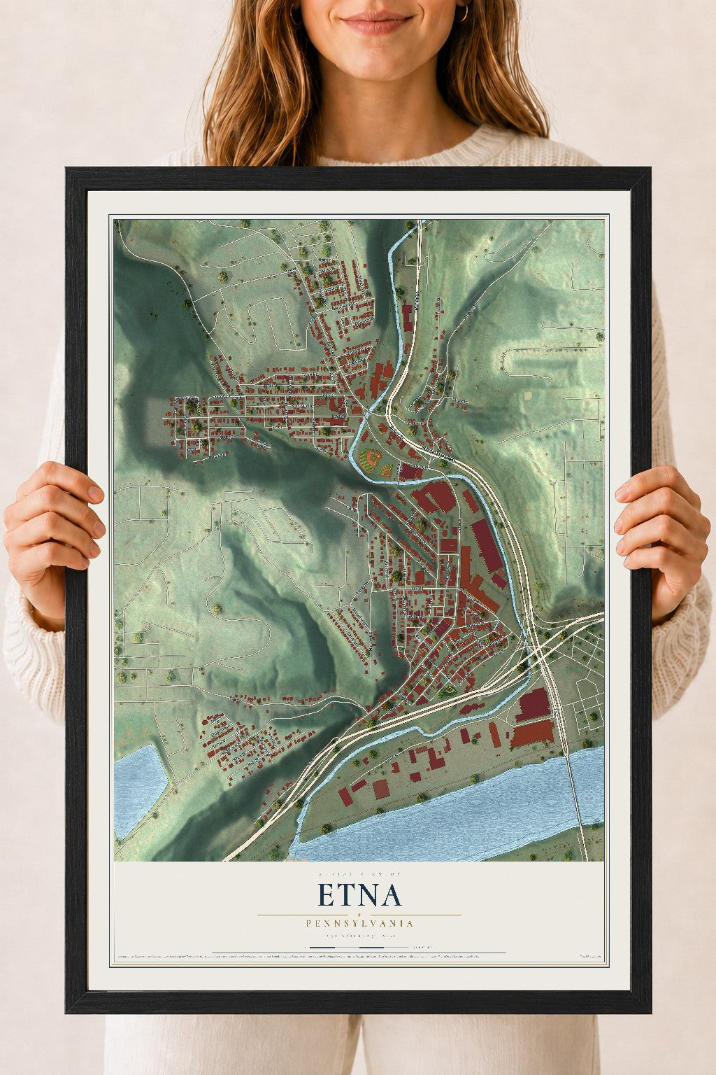 Map of Etna, Pennsylvania, 18 x 24 inch print in a black wood frame