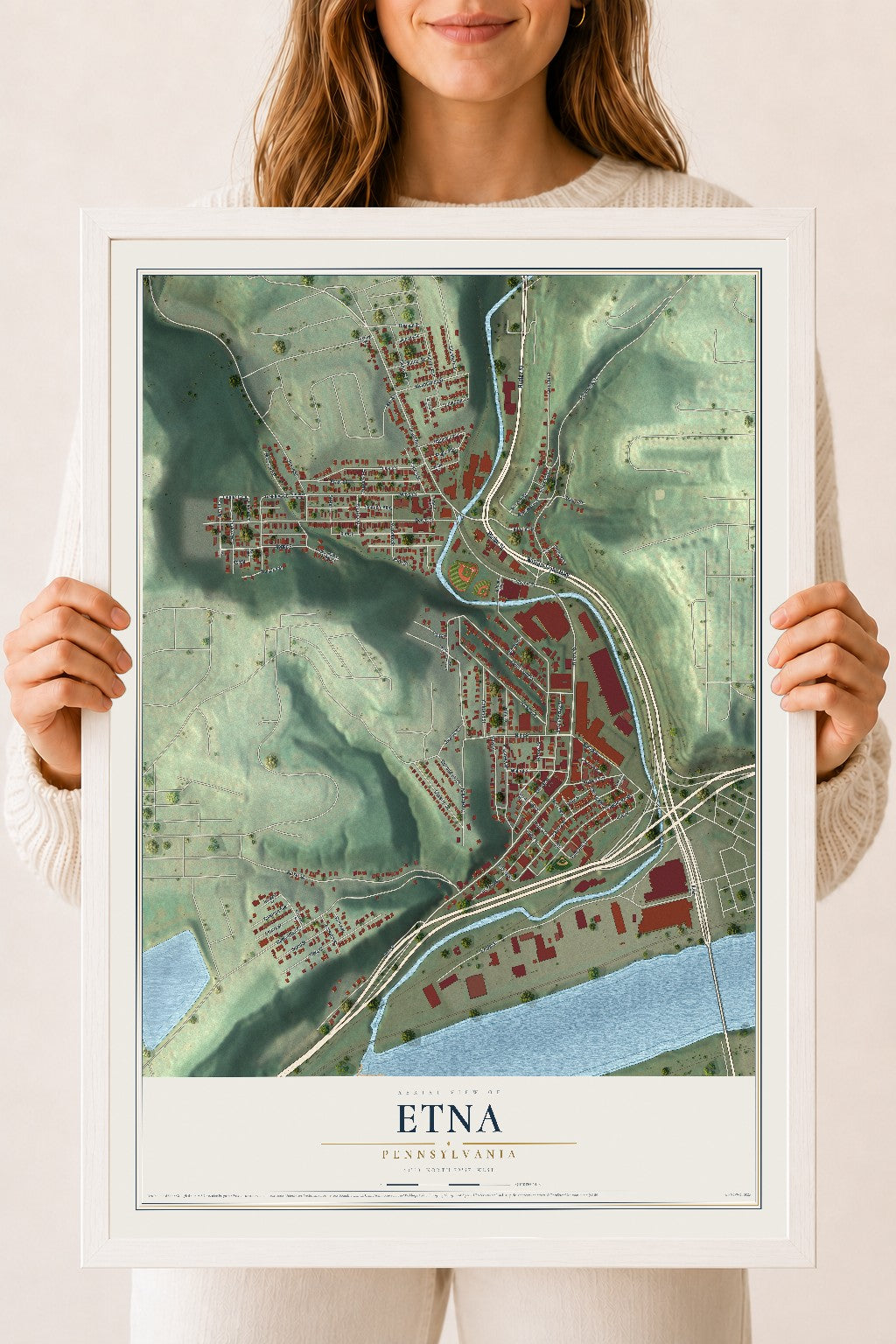 Map of Etna, Pennsylvania, 18 x 24 inch print in a white wood frame