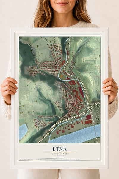 Map of Etna, Pennsylvania, 18 x 24 inch print in a white wood frame
