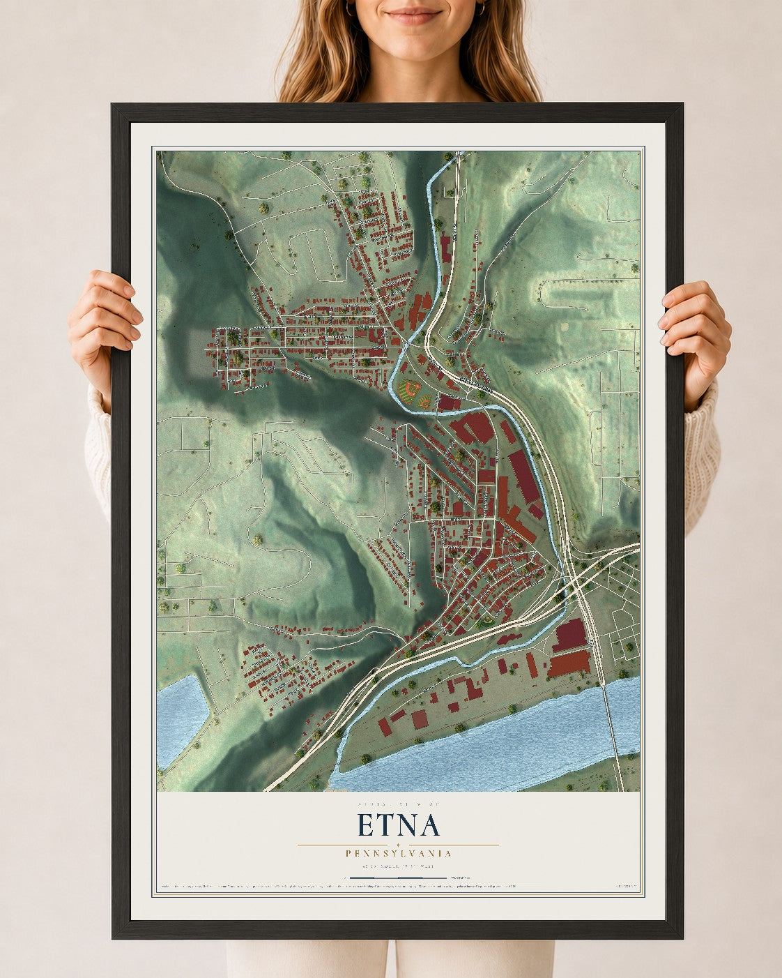 Map of Etna, Pennsylvania, 24 x 36 inch print in a black wood frame