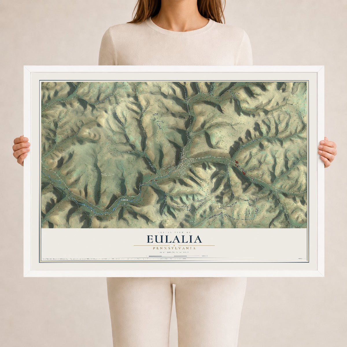 Map of Eulalia, Pennsylvania, 24 x 36 inch print in a white wood frame