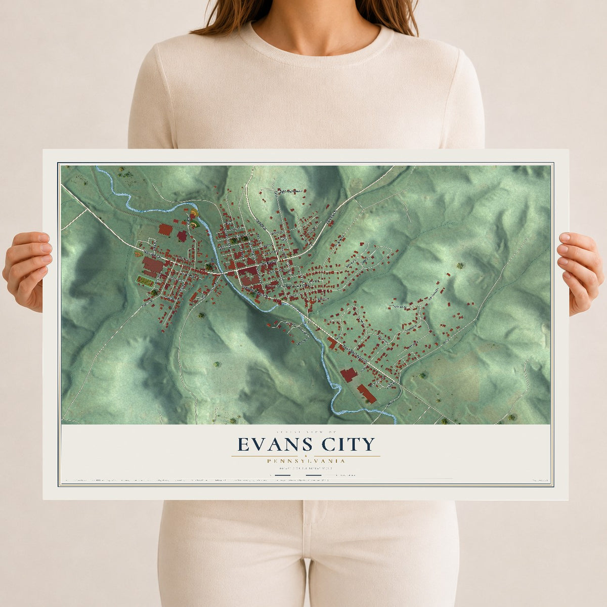 Map of Evans City, Pennsylvania, 12 x 18 inch unframed archival matte print