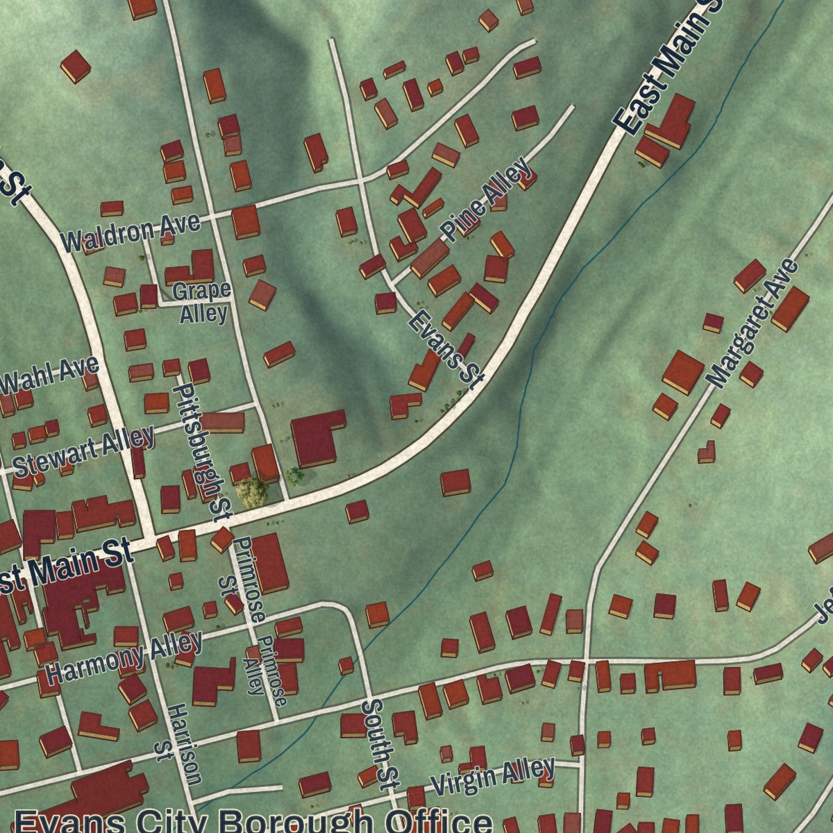 Close-up of the map of Evans City, Pennsylvania print showing street and building detail