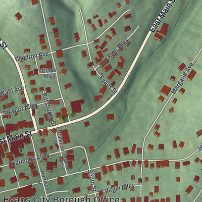 Close-up of the map of Evans City, Pennsylvania print showing street and building detail