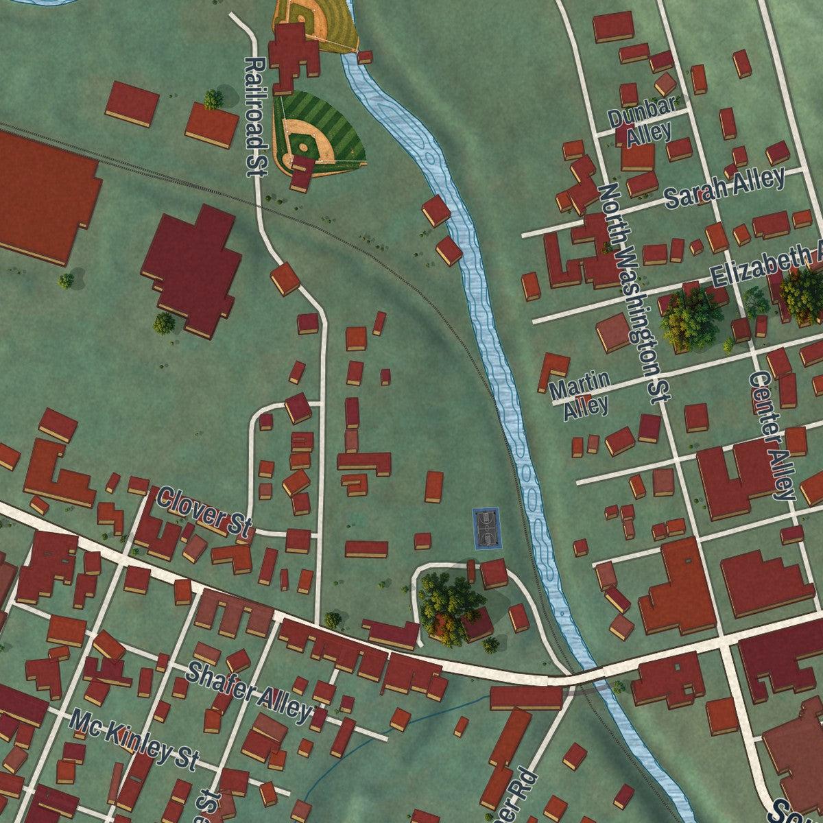 Second close-up of the map of Evans City, Pennsylvania print showing more streets and buildings