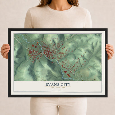 Map of Evans City, Pennsylvania, 12 x 18 inch print in a black wood frame