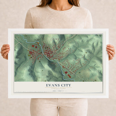 Map of Evans City, Pennsylvania, 12 x 18 inch print in a white wood frame