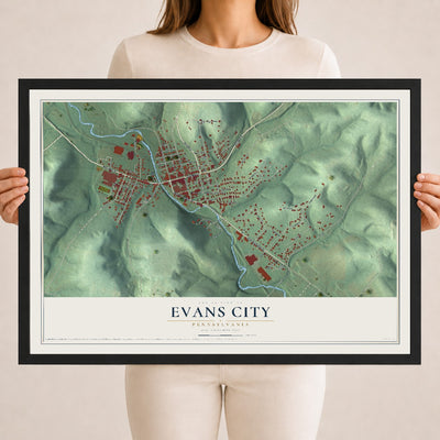 Map of Evans City, Pennsylvania, 18 x 24 inch print in a black wood frame