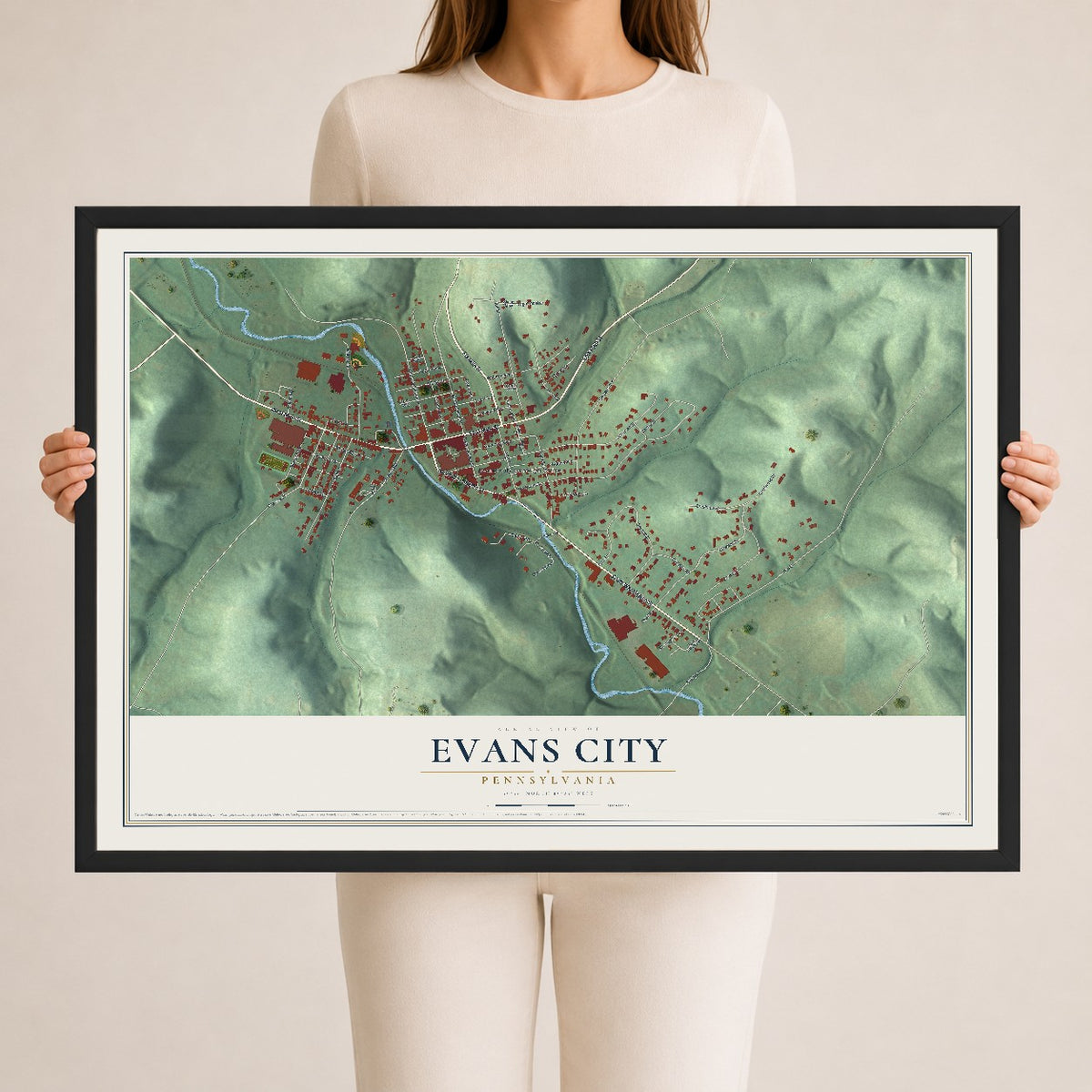 Map of Evans City, Pennsylvania, 24 x 36 inch print in a black wood frame