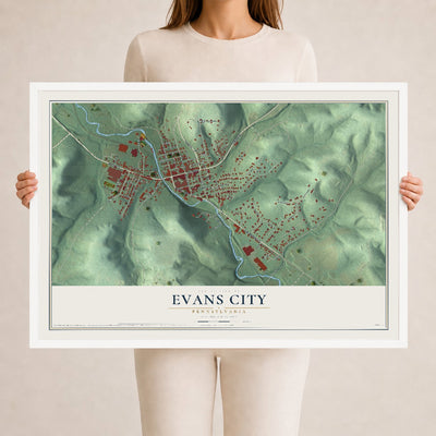 Map of Evans City, Pennsylvania, 24 x 36 inch print in a white wood frame