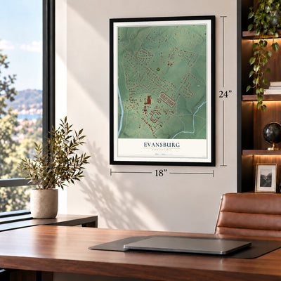 Evansburg, Pennsylvania map, 18 x 24 inch print in a black frame in a home office