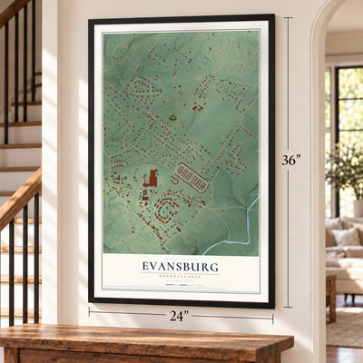 Evansburg, Pennsylvania map, 24 x 36 inch print in a black frame by a staircase