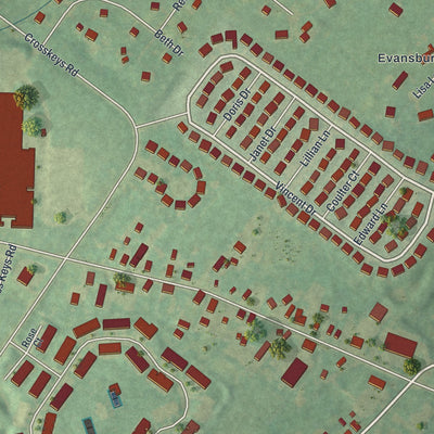 Close-up of the map of Evansburg, Pennsylvania print showing street and building detail