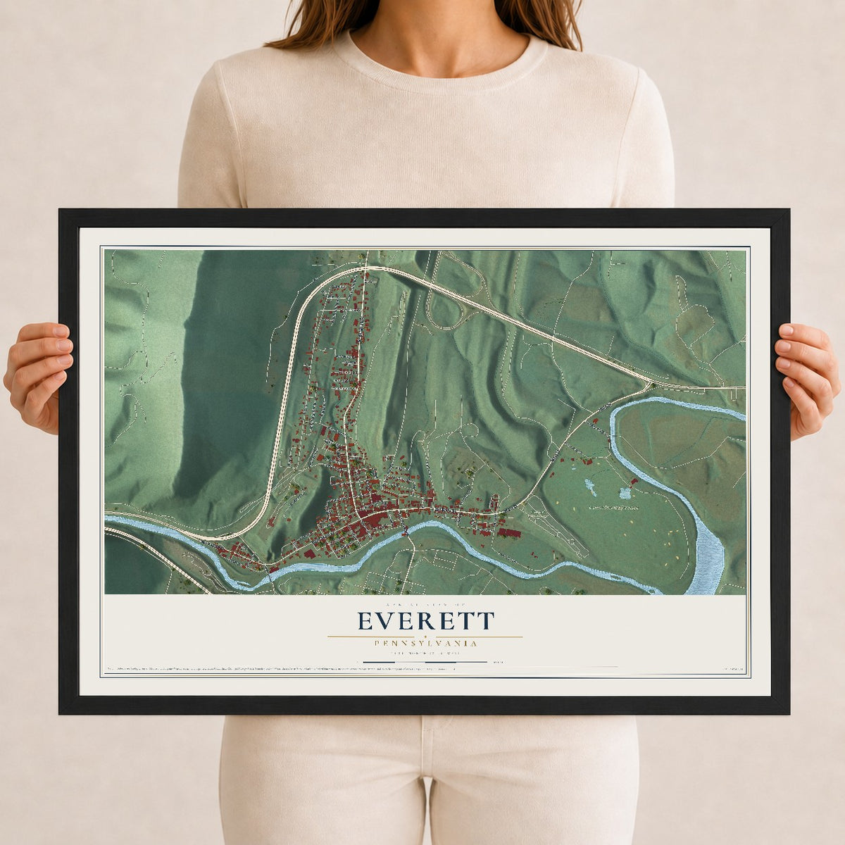 Map of Everett, Pennsylvania, 12 x 18 inch print in a black wood frame