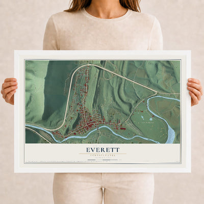 Map of Everett, Pennsylvania, 12 x 18 inch print in a white wood frame