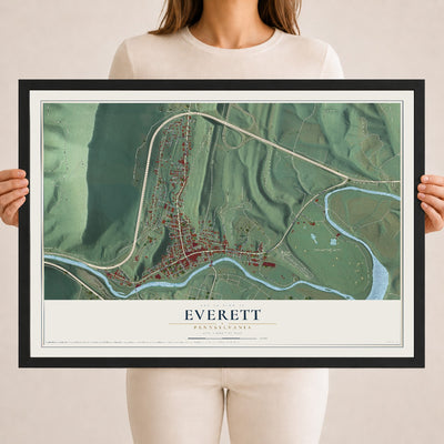 Map of Everett, Pennsylvania, 18 x 24 inch print in a black wood frame