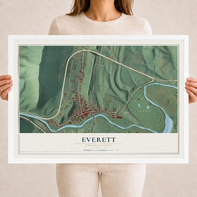 Map of Everett, Pennsylvania, 18 x 24 inch print in a white wood frame