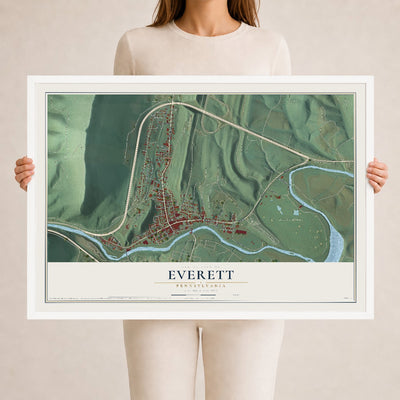 Map of Everett, Pennsylvania, 24 x 36 inch print in a white wood frame
