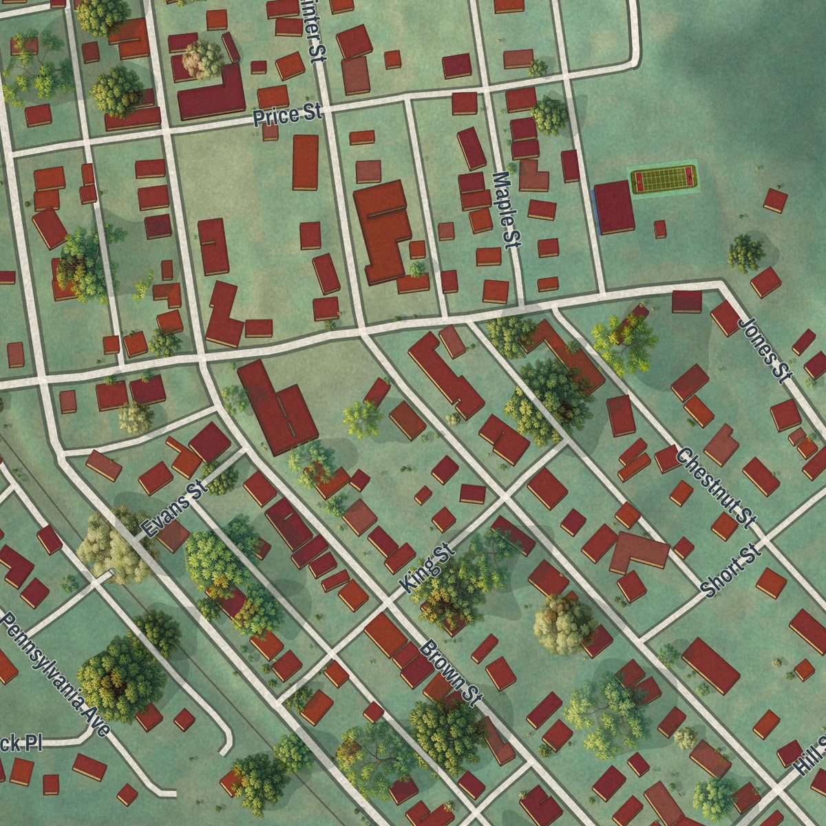 Close-up of the map of Everson, Pennsylvania print showing street and building detail