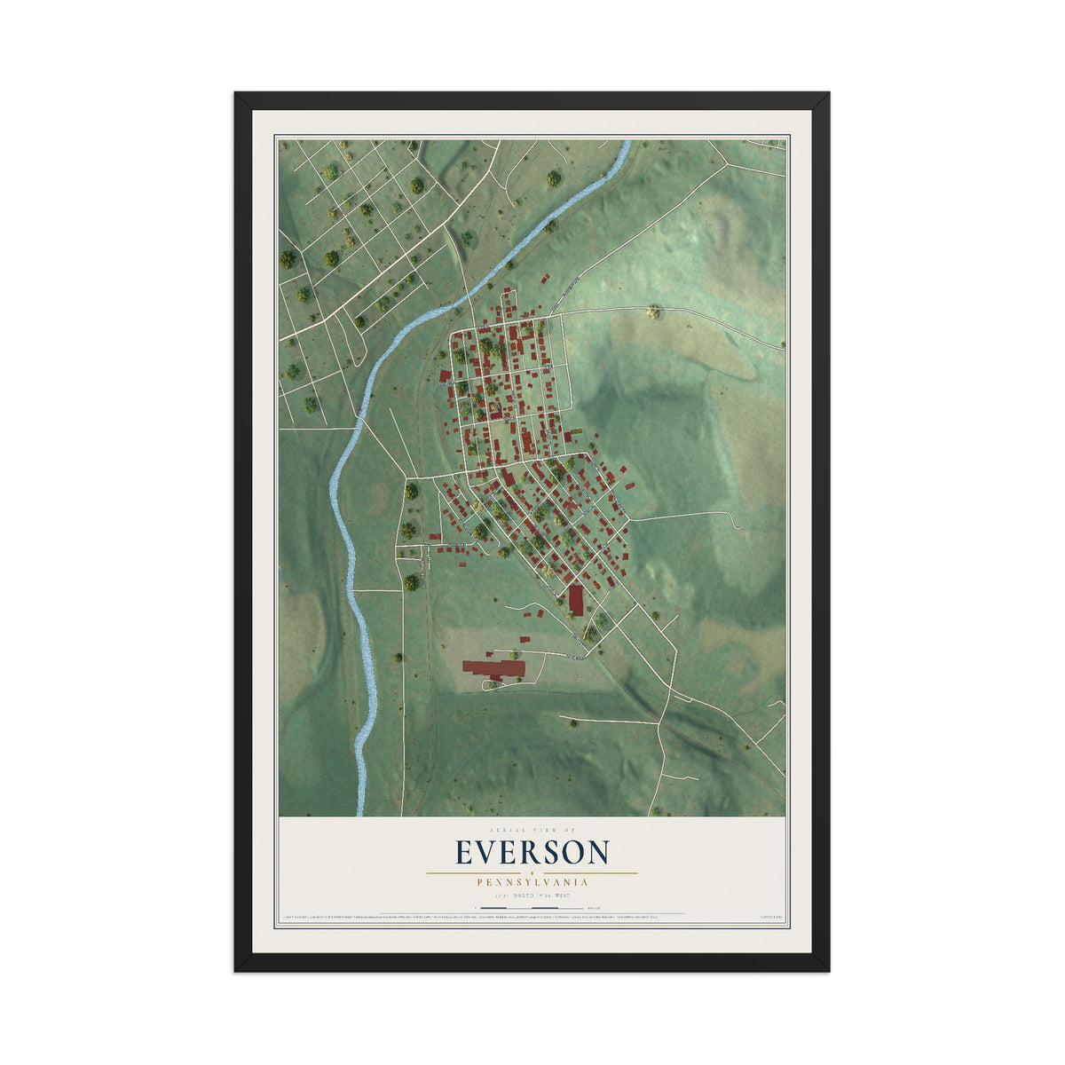 Map of Everson, Pennsylvania, 12 x 18 inch print in a black wood frame