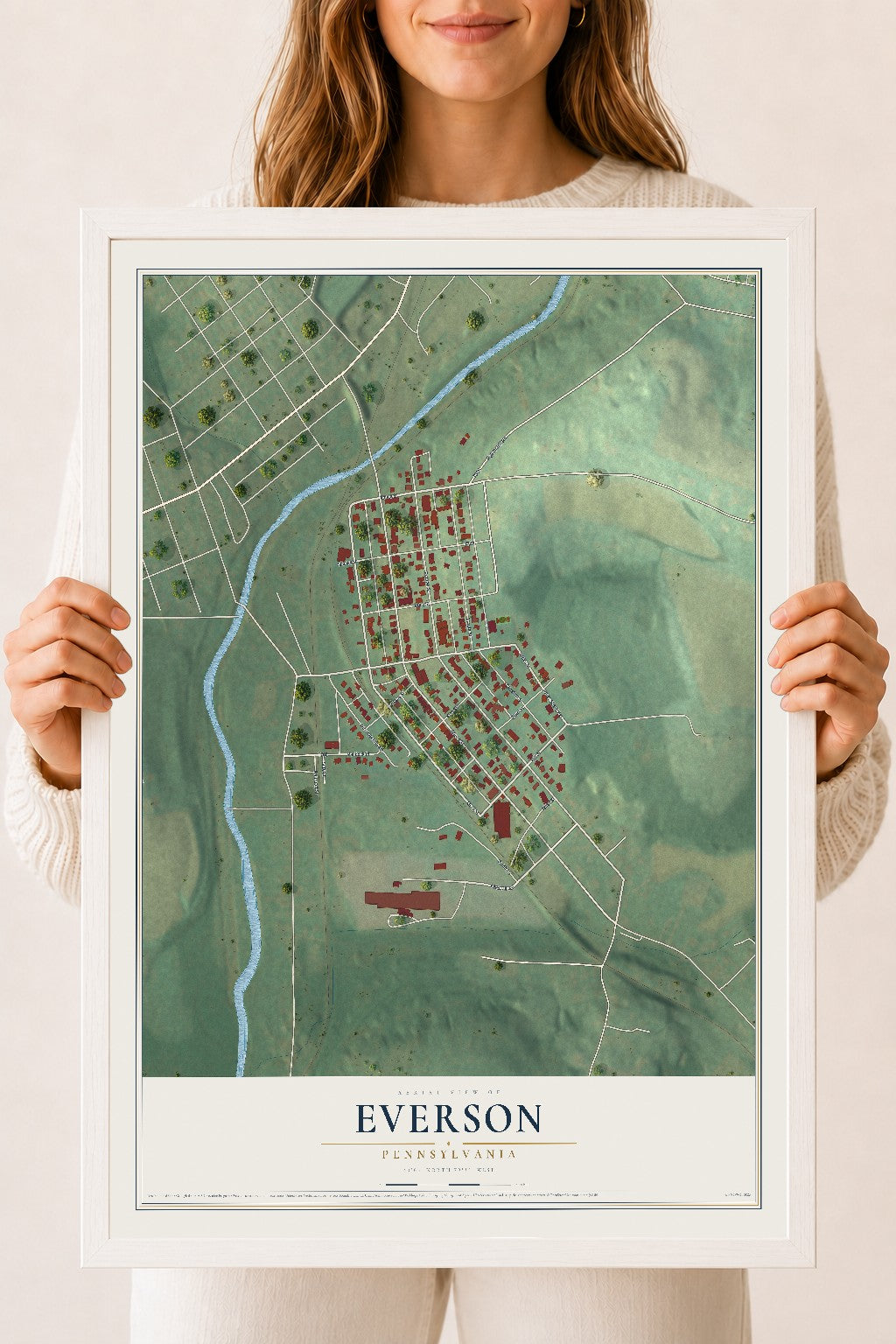 Map of Everson, Pennsylvania, 18 x 24 inch print in a white wood frame