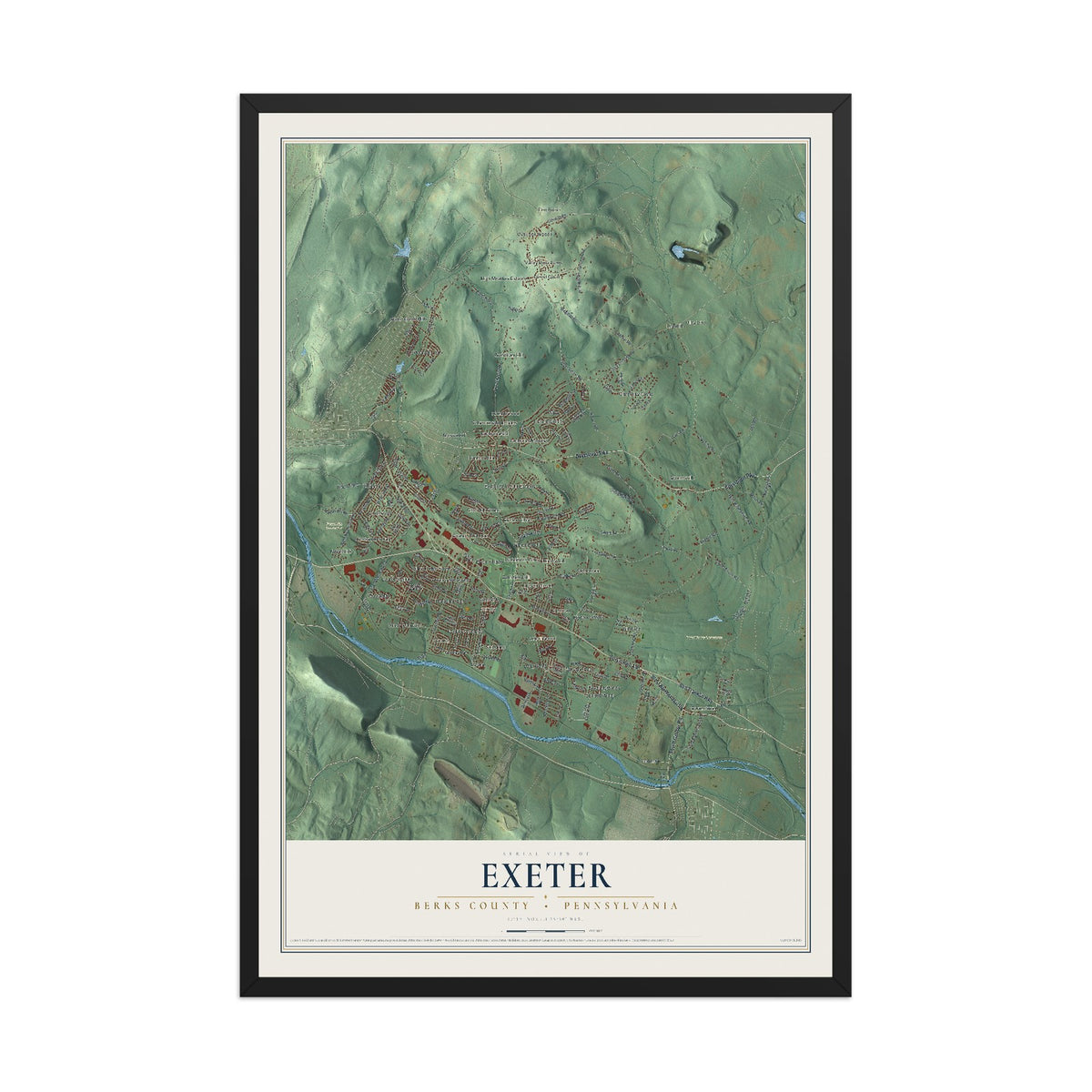 Map of Exeter, Berks County, Pennsylvania, 12 x 18 inch print in a black wood frame