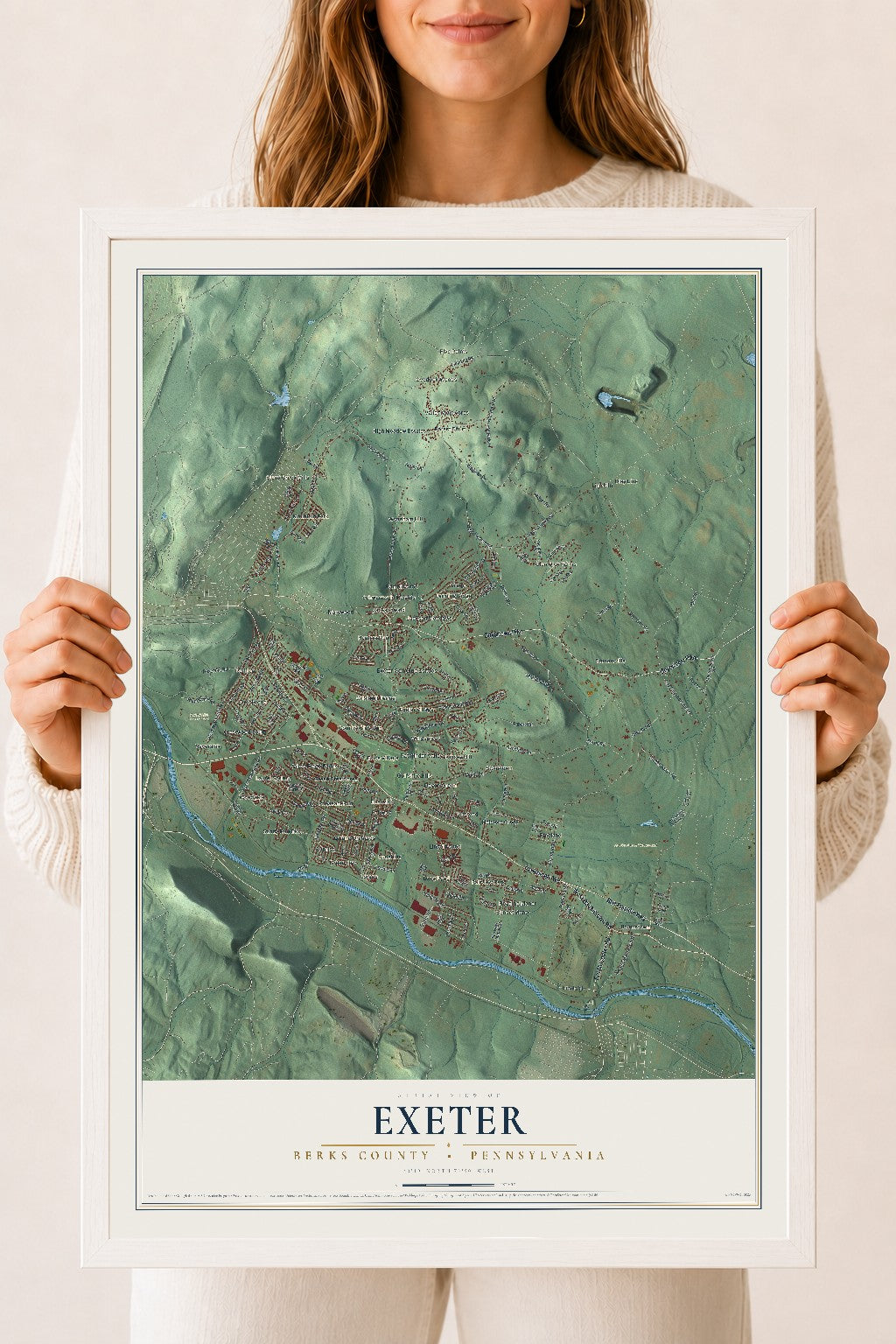 Map of Exeter, Berks County, Pennsylvania, 18 x 24 inch print in a white wood frame
