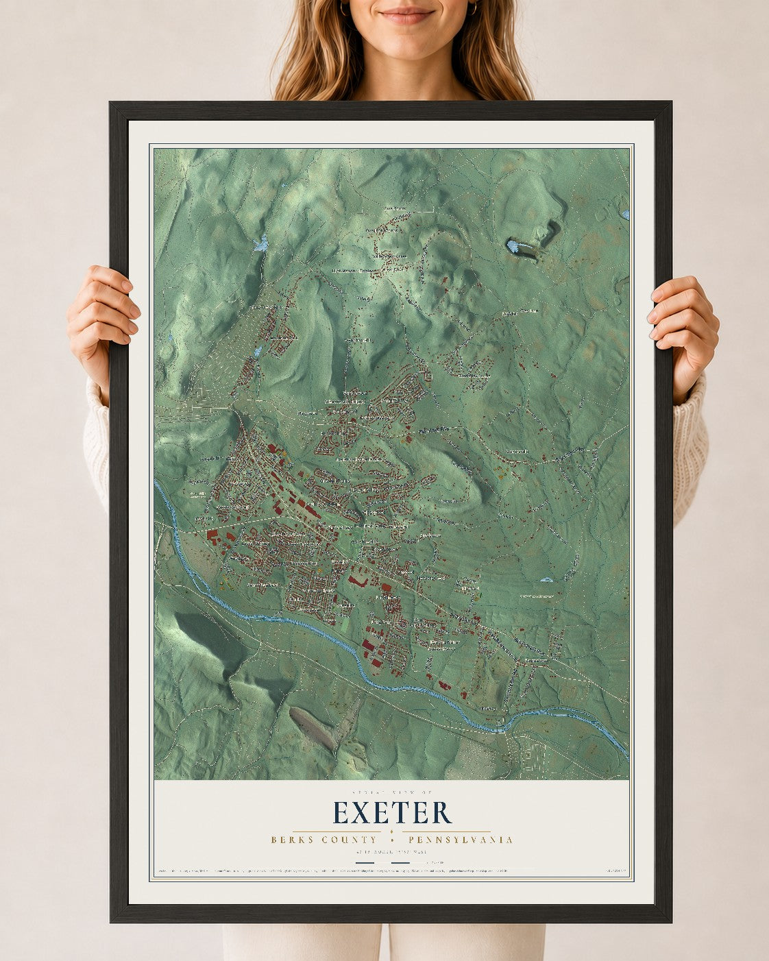 Map of Exeter, Berks County, Pennsylvania, 24 x 36 inch print in a black wood frame