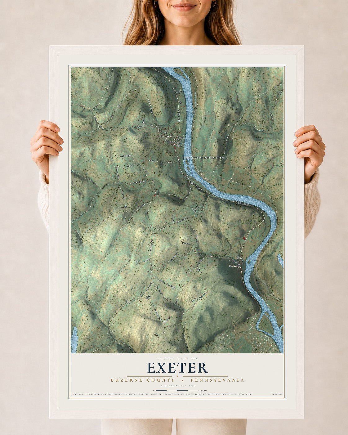 Map of Exeter, Luzerne County, Pennsylvania, 24 x 36 inch print in a white wood frame