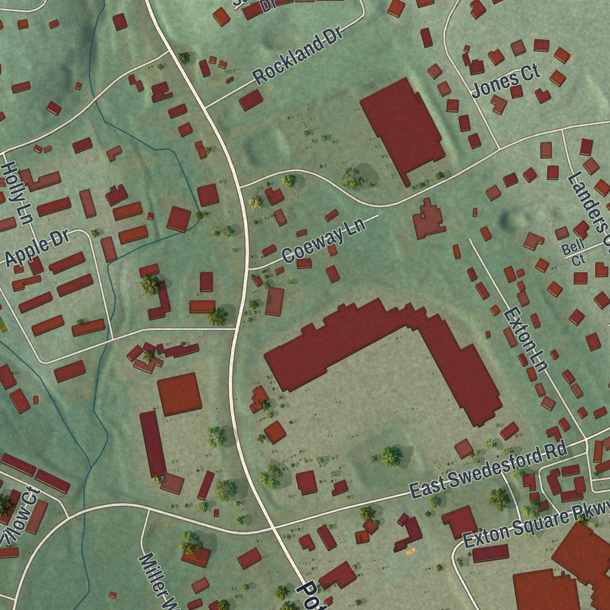 Close-up of the map of Exton, Pennsylvania print showing street and building detail