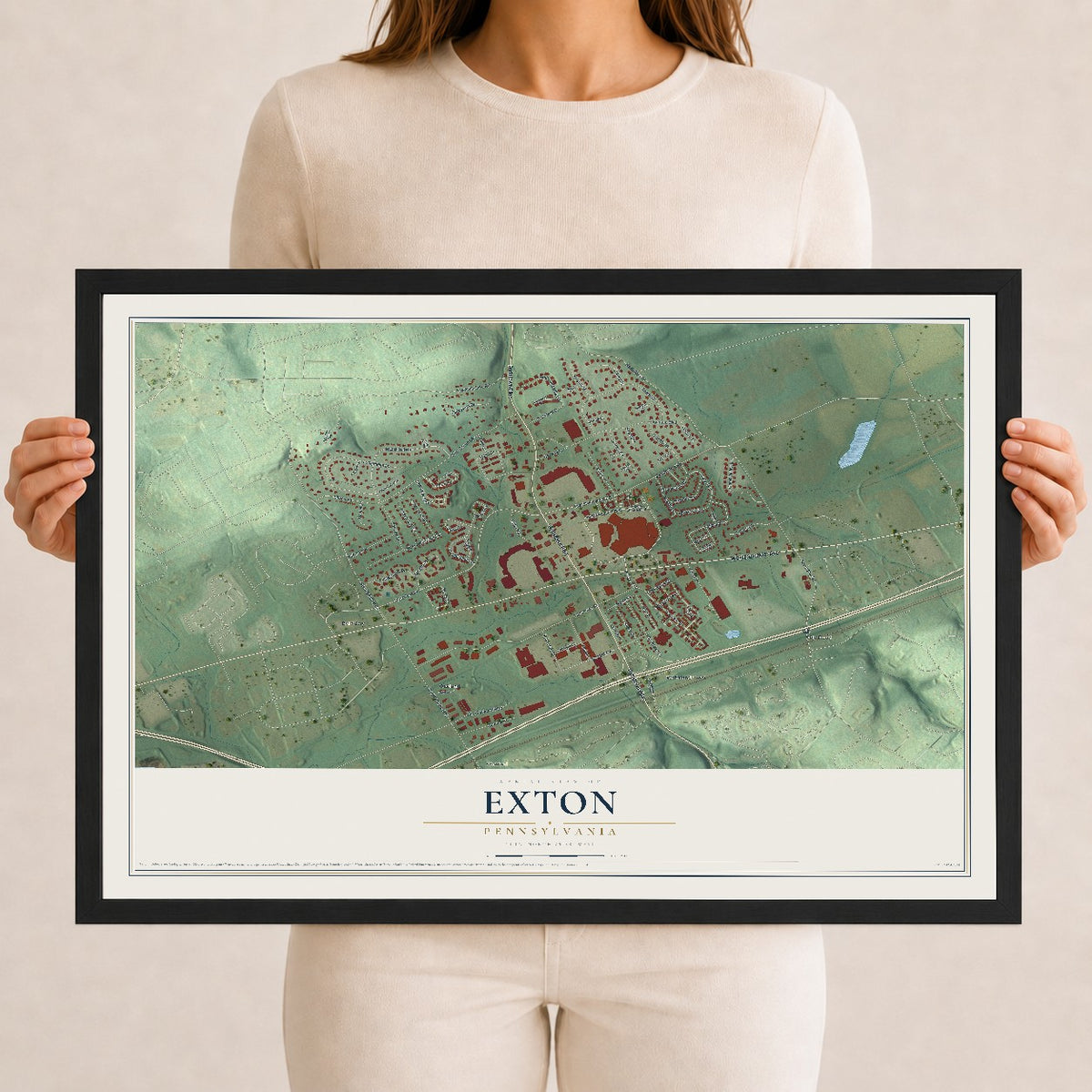 Map of Exton, Pennsylvania, 12 x 18 inch print in a black wood frame