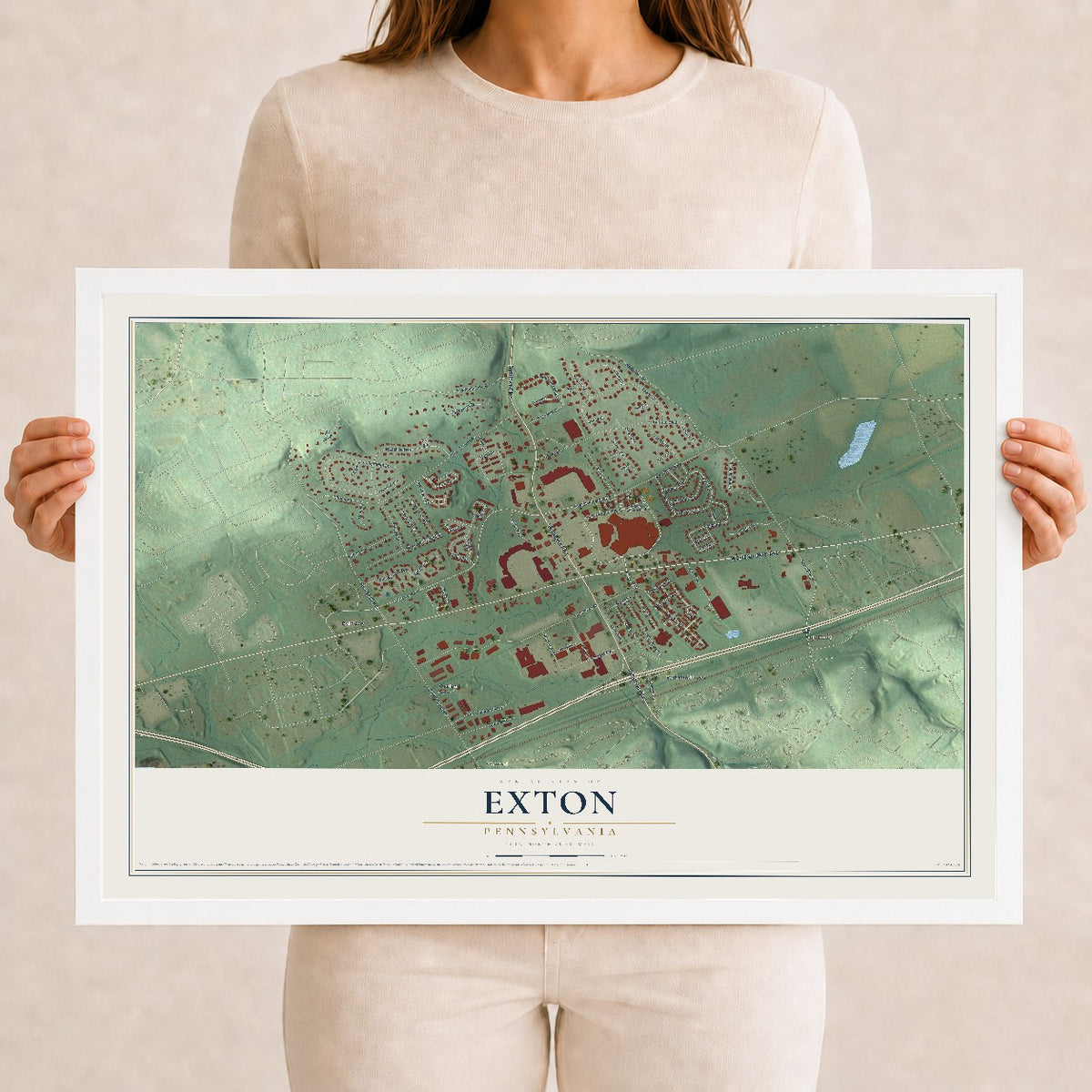 Map of Exton, Pennsylvania, 12 x 18 inch print in a white wood frame