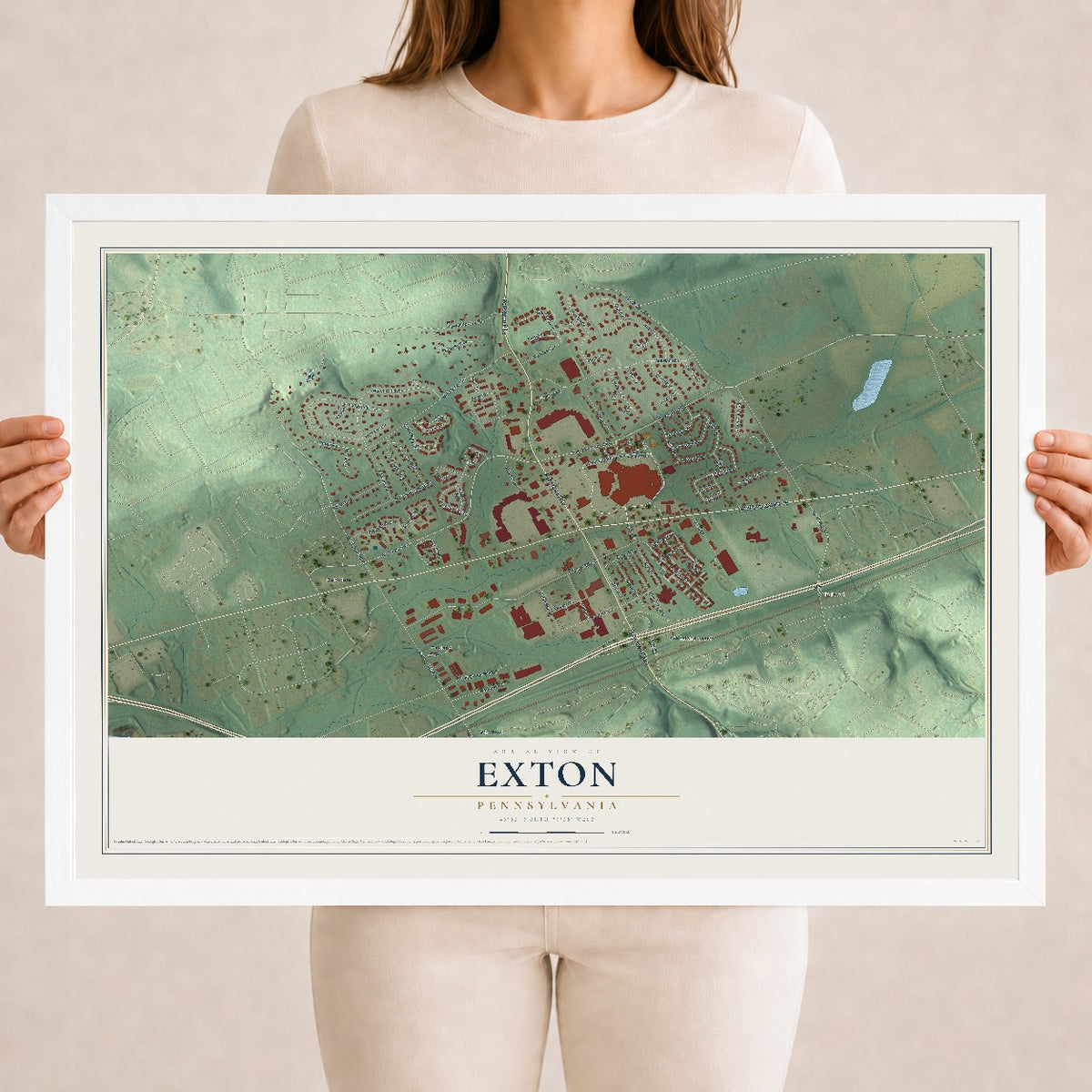 Map of Exton, Pennsylvania, 18 x 24 inch print in a white wood frame