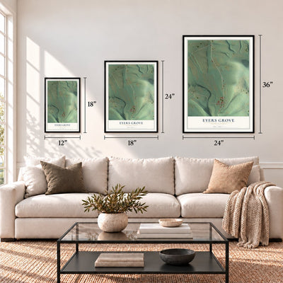 Eyers Grove, Pennsylvania map in 12 x 18, 18 x 24 and 24 x 36 inch sizes above a sofa