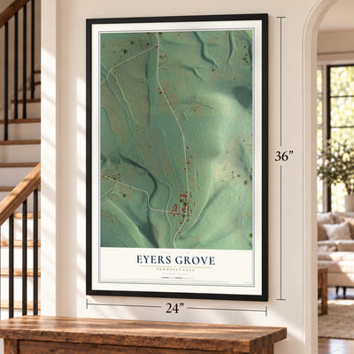 Eyers Grove, Pennsylvania map, 24 x 36 inch print in a black frame by a staircase