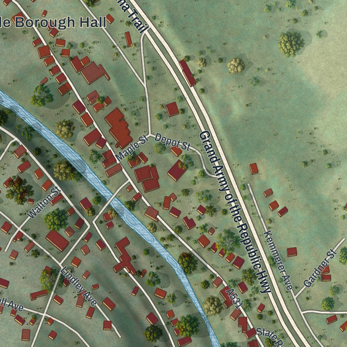 Close-up of the map of Factoryville, Pennsylvania print showing street and building detail