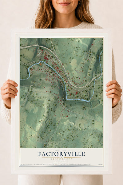 Map of Factoryville, Pennsylvania, 18 x 24 inch print in a white wood frame