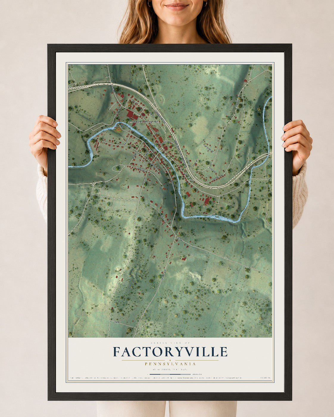Map of Factoryville, Pennsylvania, 24 x 36 inch print in a black wood frame