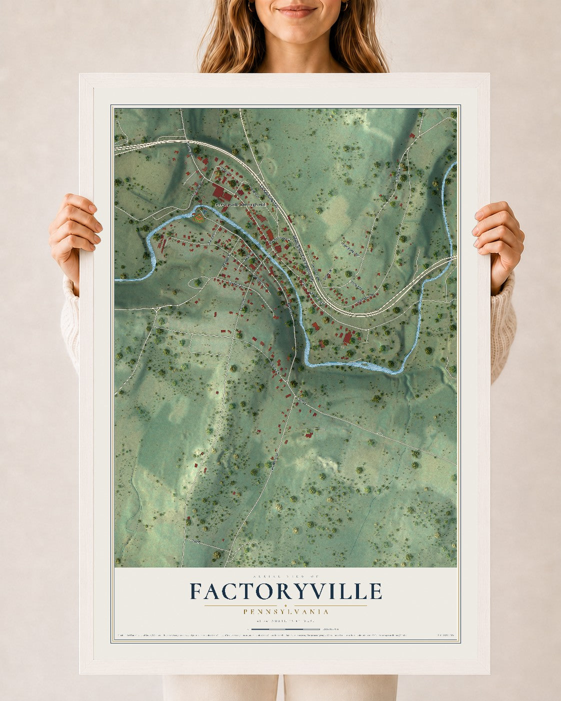 Map of Factoryville, Pennsylvania, 24 x 36 inch print in a white wood frame