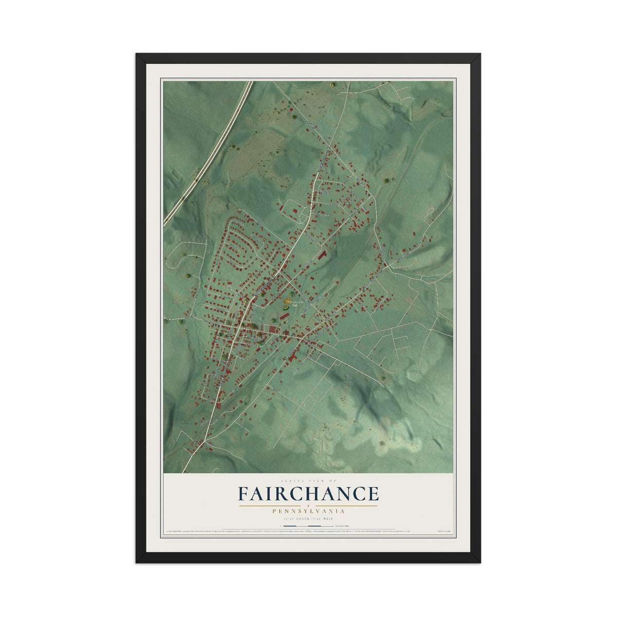 Map of Fairchance, Pennsylvania, 12 x 18 inch print in a black wood frame