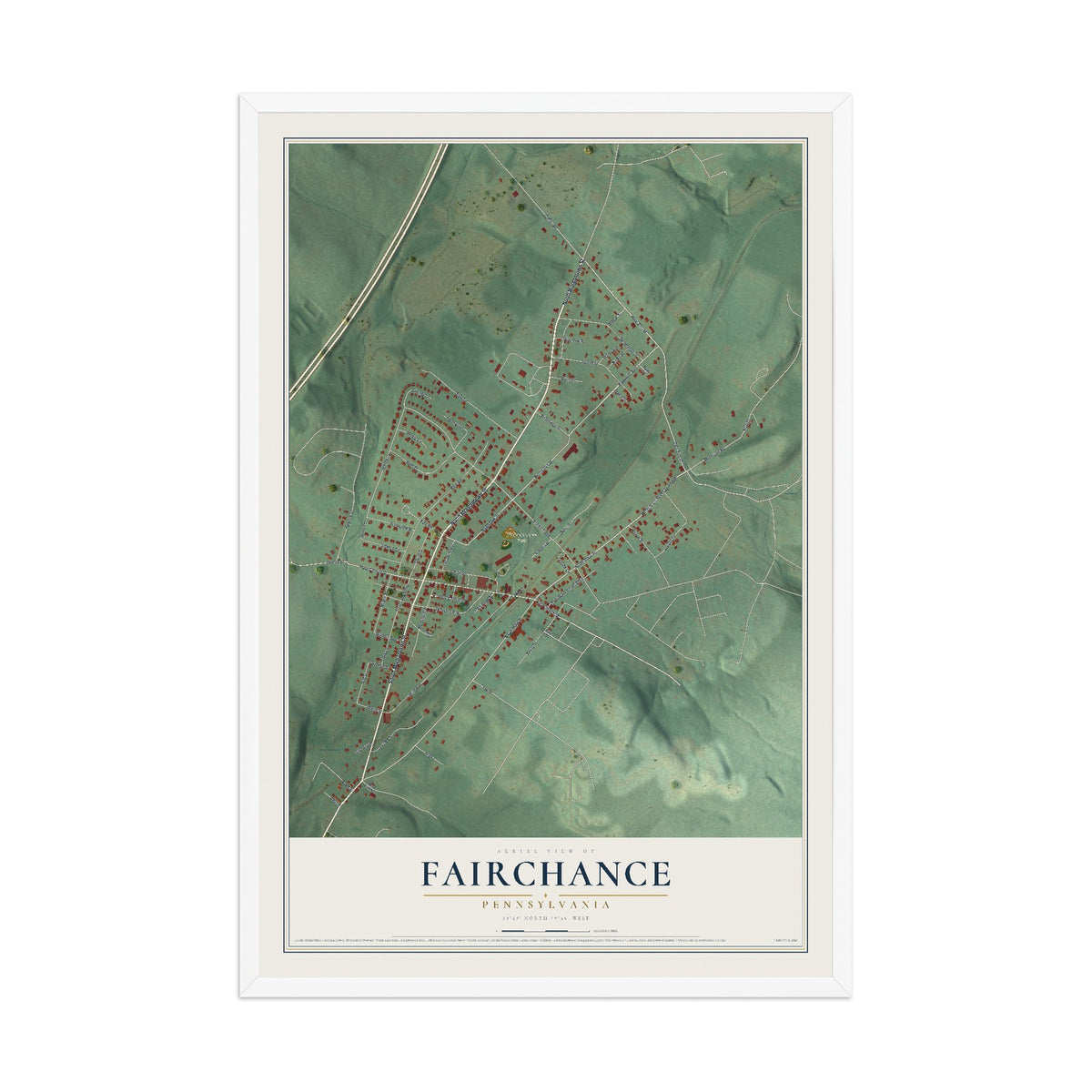 Map of Fairchance, Pennsylvania, 12 x 18 inch print in a white wood frame