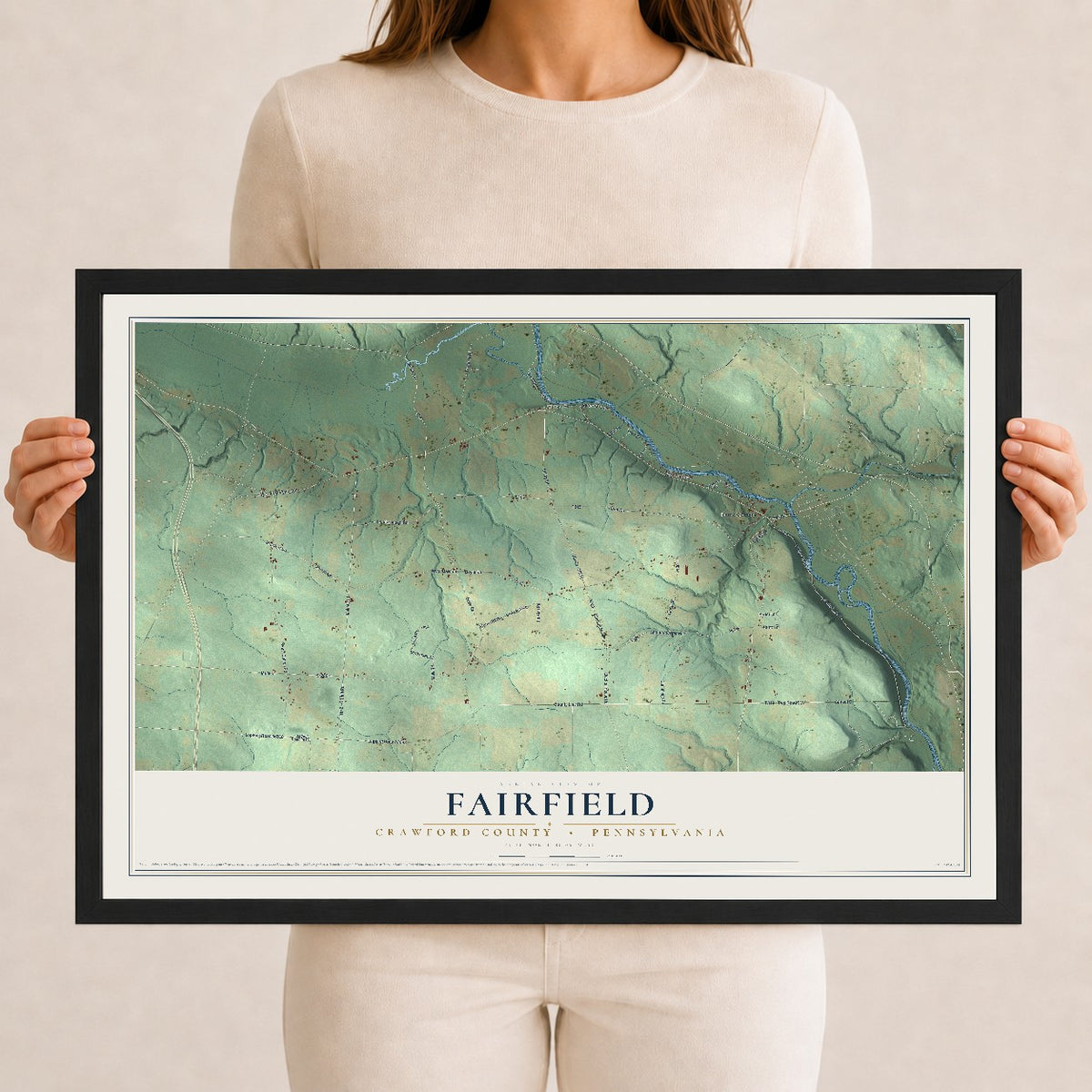 Map of Fairfield, Crawford County, Pennsylvania, 12 x 18 inch print in a black wood frame