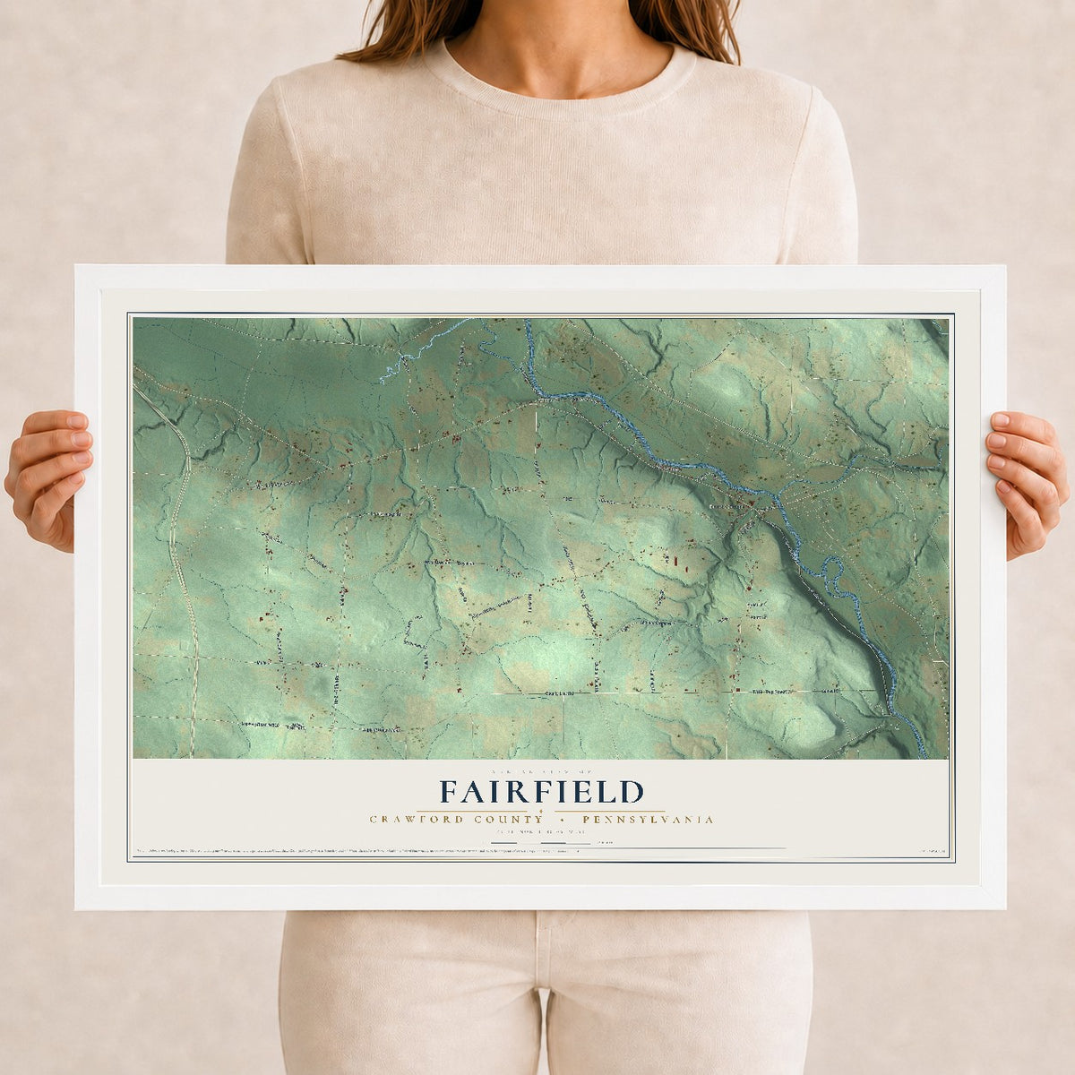 Map of Fairfield, Crawford County, Pennsylvania, 12 x 18 inch print in a white wood frame